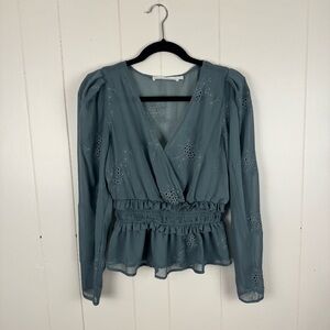 ASTR The Label Sage Green Embroidered Peplum Blouse Top Size M